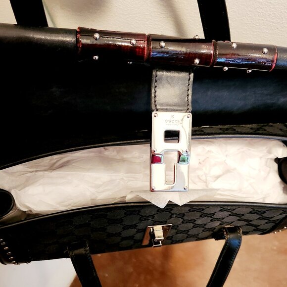 Authentic Gucci Monogram Bullet Satchel Handbag with Bamboo Accent & Dust Bag - Picture 9 of 16